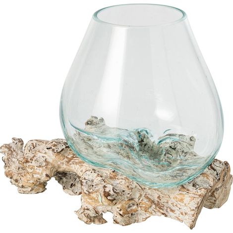 Vase en Verre sur Bois Flotté "Marée" 30cm Transparent