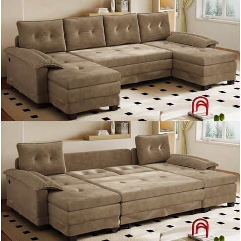 Sofá cama en U 278x127x87 cm de chenilla caqui con USB - MEUBLIV (1/5)