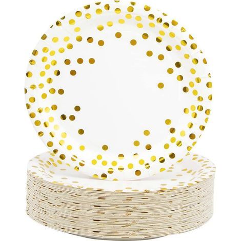 Lot de 50 Assiettes en Carton Blanc et Doré à Pois de 17,8 cm pour Fête (1/5)