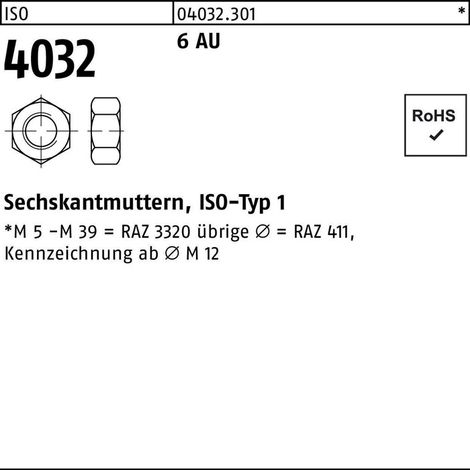 Sechskantmutter ISO 4032 M4 6 Automatenstahl 100 Stück