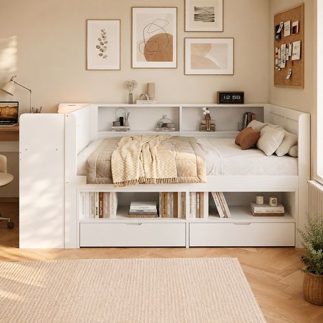Lit enfant 120 x 200 cm, cadre de lit avec rangement, 2 tiroirs, bureau intégré, étagères ouvertes, 1 place, rangements intégrés, bois, blanc