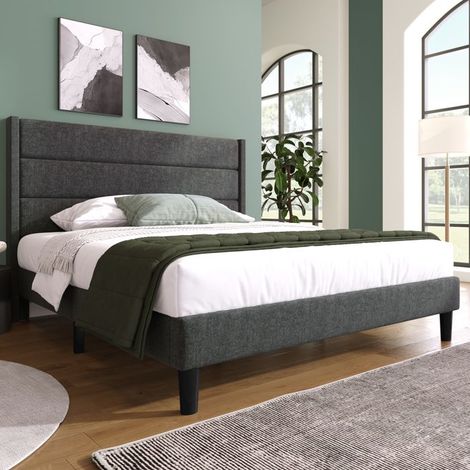 Lit coffre 140 x 200 cm - SINGULARITY - WF212858AAE - Housse lin gris foncé - Sommier à lattes inclus - Capacité 181 kg (1/5)