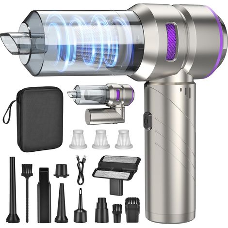 Aspirateur à Main, Aspirateur de Voiture 18000PA, Aspirateur Portable sans Fil avec 200000 U/Min Aspirateur Voiture 3 Vitesses, Aspirateur à Main Pliable (Argent) (1/5)