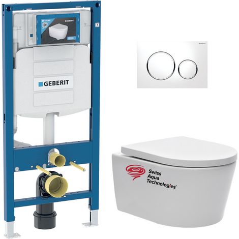 Pack WC Vorwandelement + SAT spülrandlos WC unsichtbarer Befestigung + WC-Deckel Softclose + Weißchromplatte