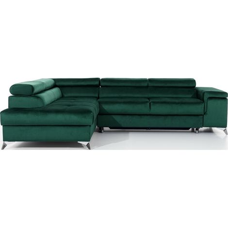 - Canapé d'angle convertible - ERWAN - en tissu luxe 5 places, vert, angle gauche (vu de face) (1/5)
