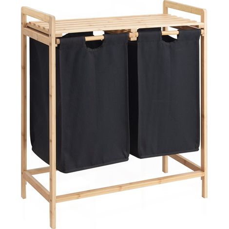 Panier à linge - 2 compartiments - Trieur de linge - 44 L - Bambou - 73,5 x 64,5 x 33 cm - Noir (1/5)