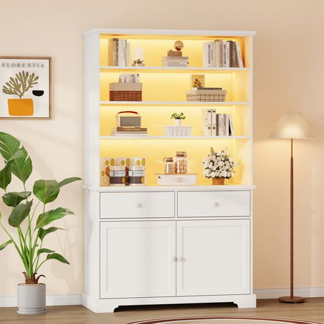 Vitrine 100x38x170 cm – 2 portes vitrées, 2 tiroirs, éclairage LED intégré – Bibliothèque + rangement – Blanc (1/5)