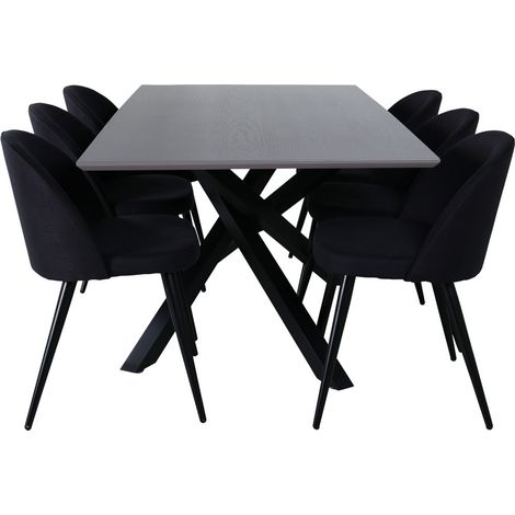 PiazzaGRBL Essgruppe Esstisch grau und 6 Velvet Esszimmerstühle schwarz.