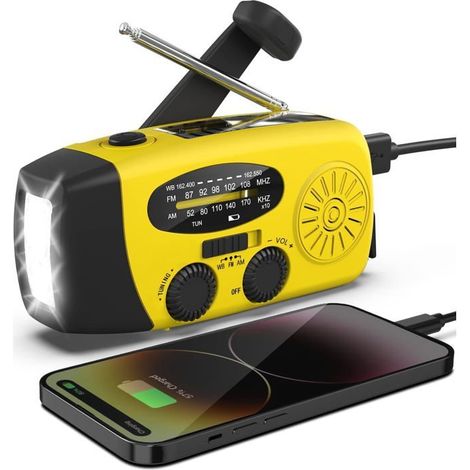 Radio météo solaire d'urgence à manivelle, avec lampe torche LED et fonction AM/FM solaire. (1/5)