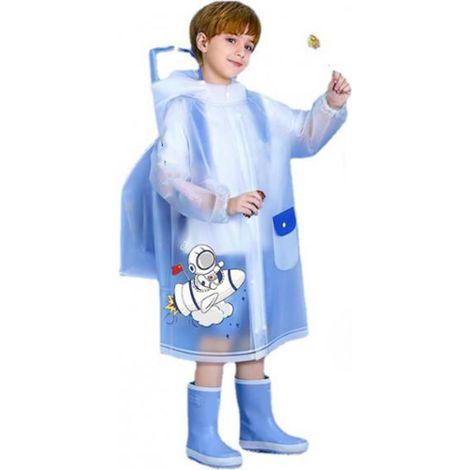 Imperméable Enfant Épais Poncho Pluie Réutilisable avec Capuche et Manches Coupe-Vent avec Fente Sac à Dos Fusée Astronaute Bouton Fermeture Taille S 95-105cm (1/5)