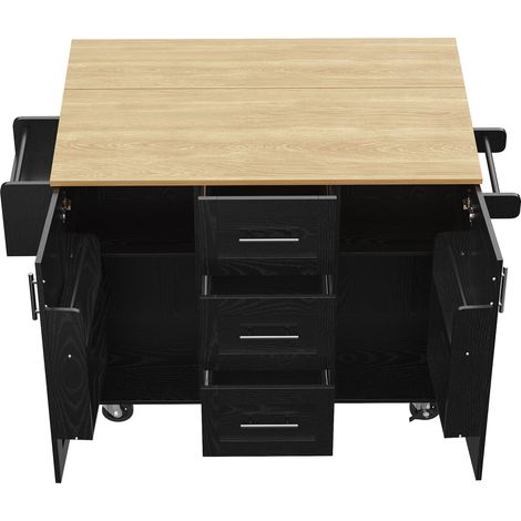 Isola cucina nera in MDF e metallo con ruote, cassetti e piano ribaltabile (1/5)