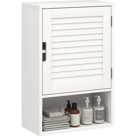 Armoire murale de salle de bain avec porte à lattes, étagère réglable et compartiment ouvert, 40x20x60cm, blanc (1/5)
