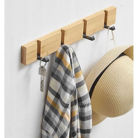 Patère Autocollante Solide en Bois avec 4 Crochets Pliables pour Accrocher Manteaux, Manteaux, Chapeaux, Écharpes, Sacs à Main et Clés (1/5)