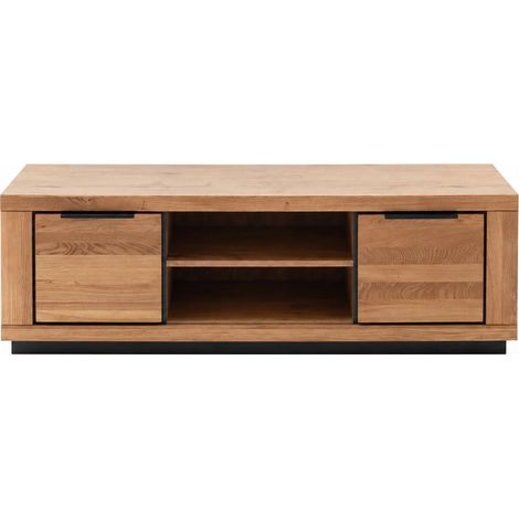 Meuble TV 2 portes 2 niches ouvertes coloris chêne massif huilé - Longueur 163 x Hauteur 52 x Profondeur 54 cm (1/4)