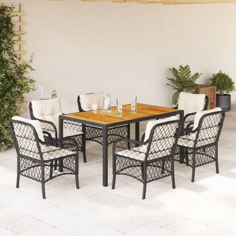 7-tlg. Garten-Essgruppe mit Kissen Schwarz Poly Rattan