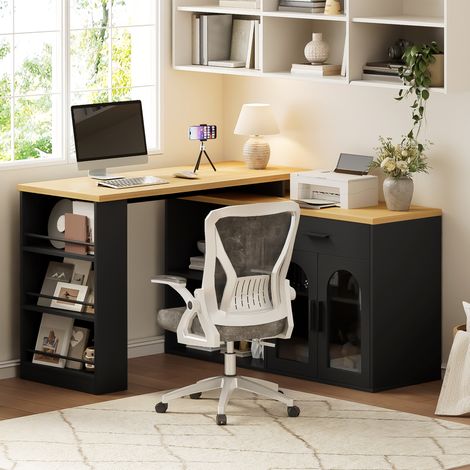 Îlot central fixe avec plan pivotant 360°, meuble de cuisine, table de bar avec tiroir et étagères, buffet de rangement pour salle à manger, coin repas, bureau en équerre, noir (1/5)