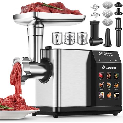 Hachoir À Viande Électrique [3000W Max] - Avec Écran LED & 9 Réglages de Vitesse - Récipient de Stockage Intégré - Accessoires à Trancher, Saucisses et Kibbe Inclus - Pour Usage Domestique