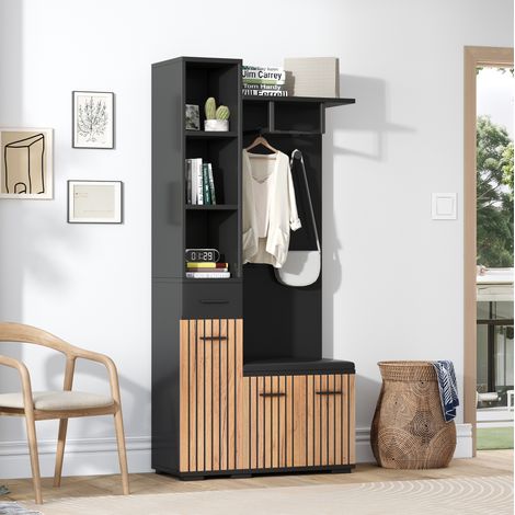 Appendiabiti da ingresso 80x35x175 cm, 7 in 1 con panca portascarpe, 2 armadi, truciolato, legno naturale e nero (1/5)