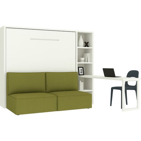 Lit escamotable horizontal LOGIA lit+canapé+étagère+bureau Vert pistache-160x200-Canapé Vert pistache-Structure Blanche-Version lit+canapé+étagère+bureau (1/5)