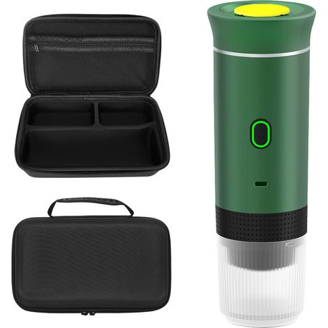 Tragbare 3-in-1 Kaffeemaschine mit elektrischer Pumpe, Espressopulver und Kapseln, inklusive Aufbewahrungstasche (grün). (1/5)