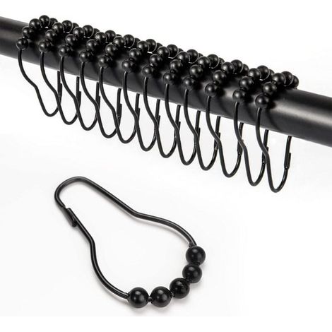 12 Pcs Morceau de Crochets de Rideau de Douche, avec Système Coulissant Anneaux de Rideau de Douche en Acier Inoxydable pour Tringle de Douche de Salle de Bain (Noir) (1/5)