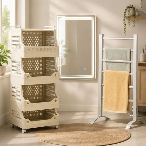 Juego de baño inteligente con LED (3 piezas): espejo con LED antivaho, carrito para la colada de 5 estantes y calentador de toallas de 6 barras (1/5)
