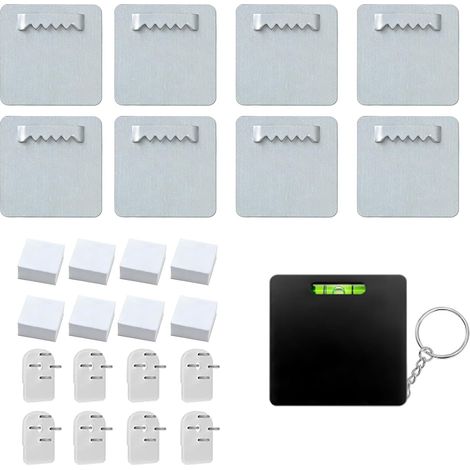Kit 8 Crochets Adhésifs 40x40mm Fixation Murale Sans Percer pour Miroir et Cadre Photo, Inclus 8 Clous Non Marquants et Niveau, Attache Tableau Invisible Haute Résistance pour Décoration Intérieure (1/5)