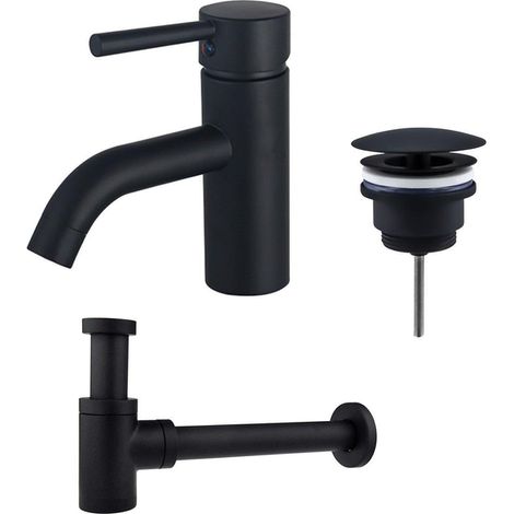 Fortifura Calvi Kit mitigeur lavabo - robinet bas - bonde non-obturable - siphon design bas - Noir mat