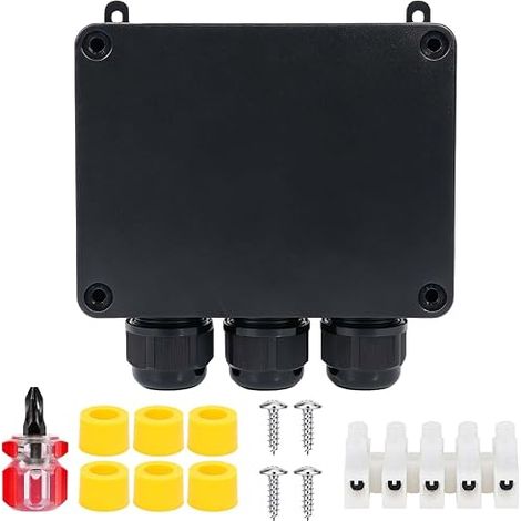 Waterproof Junction Box, 4 Way Outdoor Enclosure with Cable Glands, Terminals, Screws and Seals, for Electric Cables, Garden, Lighting and Outdoor Connection (1/5)
