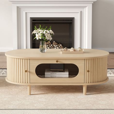 Table basse 100 x 50 x 36 cm effet bois 1 tiroir façade verre porte tambour 4 pieds MDF rangement salon moderne chic pratique (1/5)