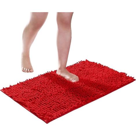 Tapis de bain chenille doux, moelleux et confortable, ultra-absorbant et épais, antidérapant, lavable en machine, rouge. (1/5)
