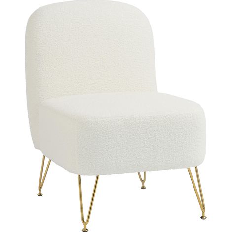 Fauteuil Salon Sans Accoudoirs, Fauteuil d'Appoint Rembourré en Tissu Bouclette, Coussin Épais, Assise Large, Blanc (1/5)