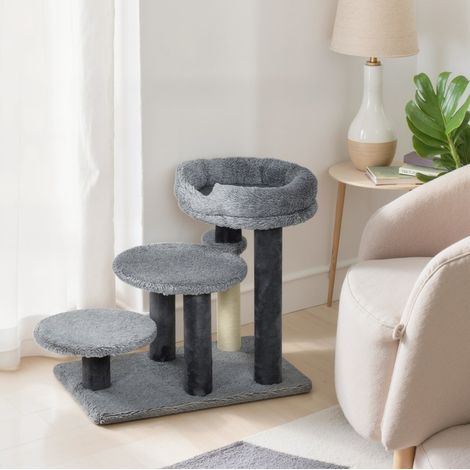 Árbol rascador 2 en 1 para gatos con escalera, base amplia, felpa y poste de sisal, gris (1/5)