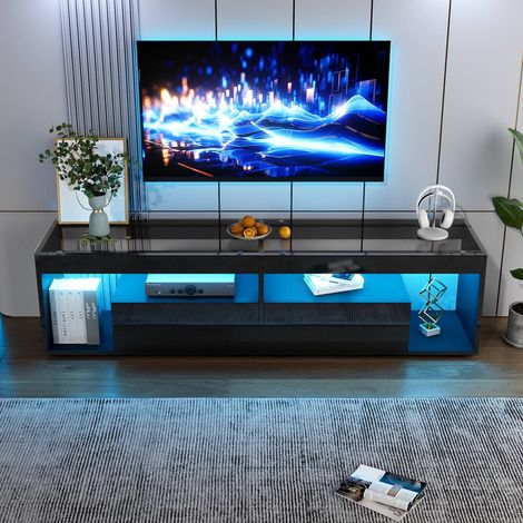 Meuble tv led noir brillant, 2 tiroirs, design moderne, compatible tv jusqu’à 70 pouces, console salon et chambre (1/5)