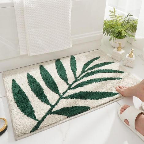 Tapis de bain à motifs botaniques, feuilles vertes, en fibres ultra-douces et absorbantes, antidérapant et lavable en machine, pour baignoire, lavabo et chambre. (1/4)
