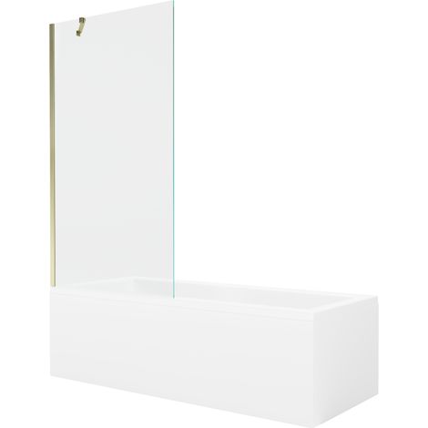 Mexen Cubik rechteckige Badewanne 150 x 70 cm mit Verkleidung und 1-flügeliger Duschwand 90 cm, transparent, gold - 550315070X9