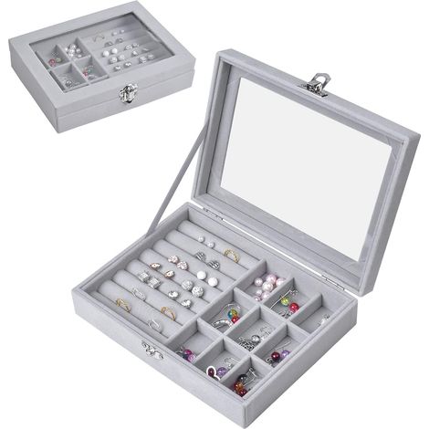 Boîte à bijoux de rangement à 9 compartiments, en velours avec fermeture verrouillable, compartiments pour bagues, plateau de présentation. (1/5)