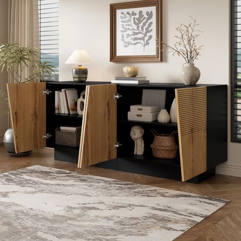 Aparador Moderno con Estante Ajustable, para Salón, Comedor o Recibidor, PB, Negro y Madera, 160 x 40 x 72 cm