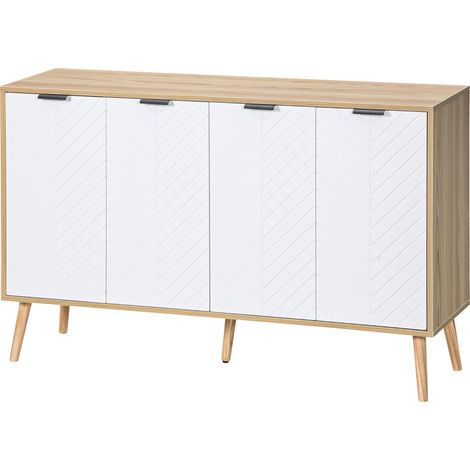 Niedriges Sideboard mit 2 Schränken, 4 Türen, Fischgrätmuster, verstellbaren Einlegeböden, 120 x 35 x 77,4 cm, weiß
