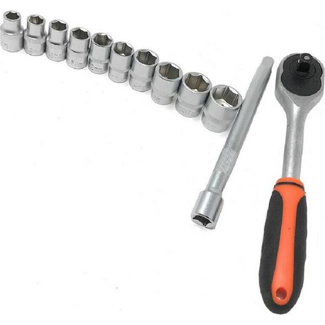 TRADE SHOP - Set 10 Bussole Da 8 A 19 Mm Con Chiave Cricchetto Reversibile Da 3/8 E Prolunga - (1/2)