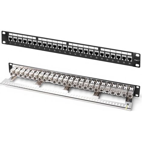 Panneau de brassage 24 ports CAT7 1 U 19" - Montage en rack - Blindé - Compatible avec les modules Keystone (CAT5/CAT6/CAT7/CAT8) - Pour réseau 10 Gbit/s - 600 MHz - Noir - Boîtier vide à (1/5)