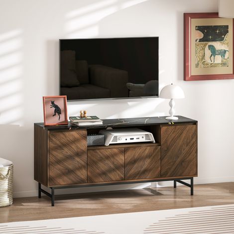 Mobile porta TV per televisori fino a 65 pollici, mobile in legno con vano a giorno e sistema di gestione dei cavi, effetto marmo, 140x39x66 cm, noce.
