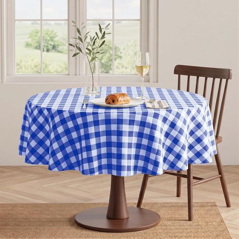 Nappe ronde 180 cm à carreaux lavable bleu-blanc pour intérieur et extérieur