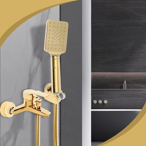 Duschset, Duscharmatur Wasserfall Badewannenarmatur Mischbatterie Wannenarmatur Handbrause Bad Armatur Regendusche, Zwei Arten von Wasserauslässen, für Haus, Wohnmobil, Schule, Gold (1/5)