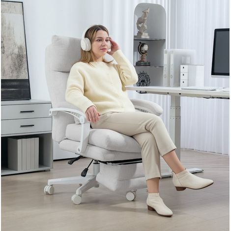 Chaise de bureau 68x70x114-122 cm blanc crème en polyester avec dossier inclinable et repose-pieds (1/5)