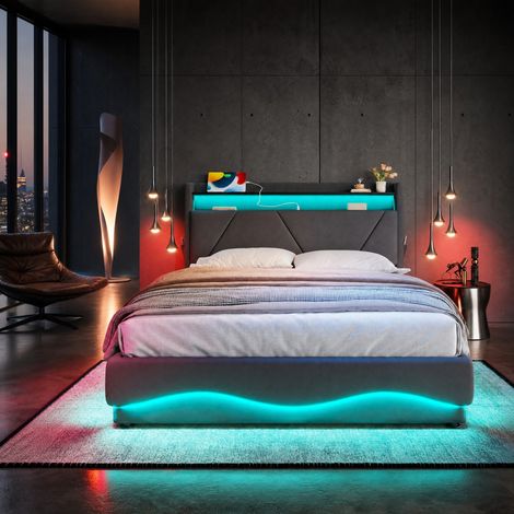 Letto matrimoniale contenitore 222x169x116.5 cm, testiera con ripiano e LED, USB e Type-C, velluto grigio scuro (1/5)