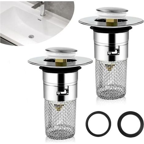 2pcs Drain of washbasin, Drain Washbasin with Filter Removable 33-40mm, Cap Washbasin bathroom Universal Pop Up, Filter Of Drainage Of Floor in Stainless steel for Bath, Kitchen (1/5)