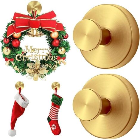Crochets à ventouse, cintres pour porte d'entrée, porte-serviettes, cintre 2 en 1, sans perçage, guirlande, cheminée, bas de cheminée, décoration de Noël (doré, 2)