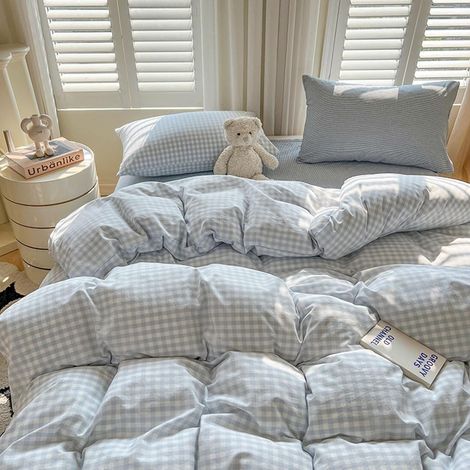 Parure de lit 2 pièces en microfibre lavée - Motif quadrillé - 135 x 200 cm - Bleu et blanc - Avec housse de couette et taie d'oreiller de 80 x 80 cm - Avec fermeture éclair - Moderne (1/5)