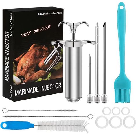Kit de seringues à viande en acier inoxydable, comprenant 3 aiguilles à marinade, adapté pour le gril, et livré avec une brosse de nettoyage. (1/5)